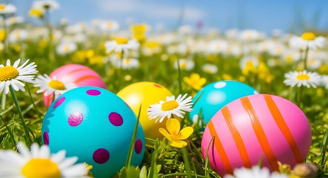 Colorful easter eggs in a field of flowers on a sunny day with blue sky