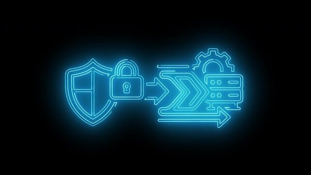 Neon blue graphic illustration of a shield, lock, and server icons with arrows on a black background, conveying a cyber security concept with a futuristic and technological mood.