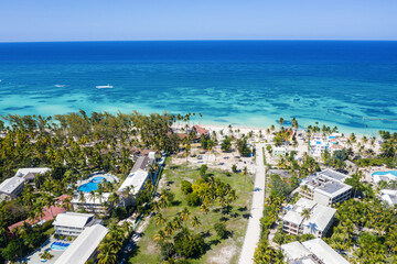 Caribbean seashore of Atlantic ocean, travel destination. Summer vacation. Aerial view. Bavaro beach. Punta Cana. Dominican Republic