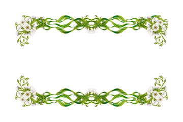 Vintage botanical frame with white flowers, green leaves. Elegant watercolor horizontal template, drawn in a botanical style for wedding invitations, labels, greeting cards, summer and spring decor © el_suhova
