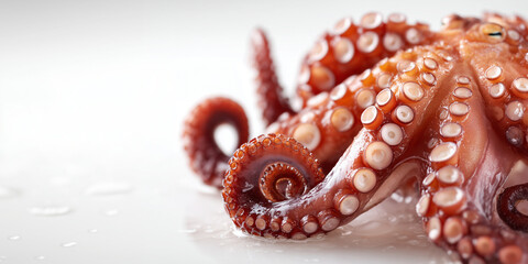 Fresh octopus tentacles isolated on white background closeup for culinary seafood design. Isolated. Copy space