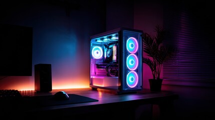 Multicolor gaming PC glowing on desk, positioned right with blank wall left, generous copy space, ambient neon backlight and soft gradient, mechanical keyboard and mouse on matte surface, RGB fans