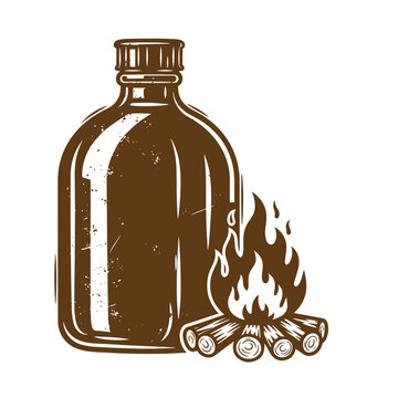 Vintage Grunge a bottle next to a campfire made of logs on fire  camping fire starter