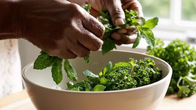 Hands sorting fresh mint and parsley in a white bowl, home kitchen prep for healthy cooking and meal prep, bright natural light for spring gardening and Earth Day