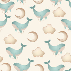 Seamless Baby Pattern with Cute Whales, Moon and Clouds, Pastel Nursery Background