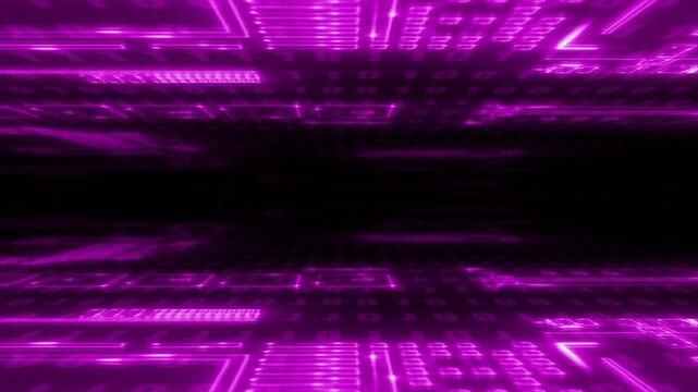 Pink color microchip glowing big data transfer binary code flowing hi tech design seamless black technology background