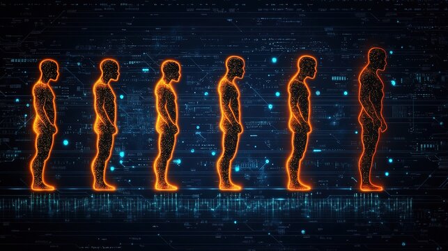 Digital Evolution of Humanity: Silhouettes of Human - like Figures from Primate to Modern on Tech - inspired Background