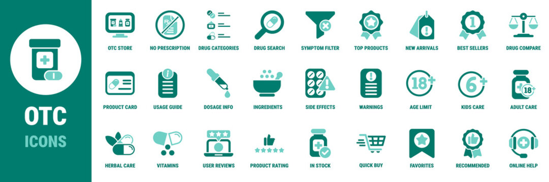 Over the counter pharmacy icons for online medicine store showing drug search categories dosage information warnings reviews ratings quick buy and healthcare ecommerce workflow