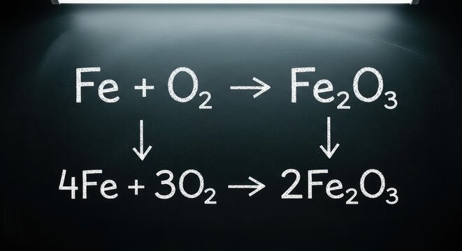 Chemical reaction on chalkboard: balanced equation 4fe + 3o2 yields 2fe2o3 with arrows and symbols
