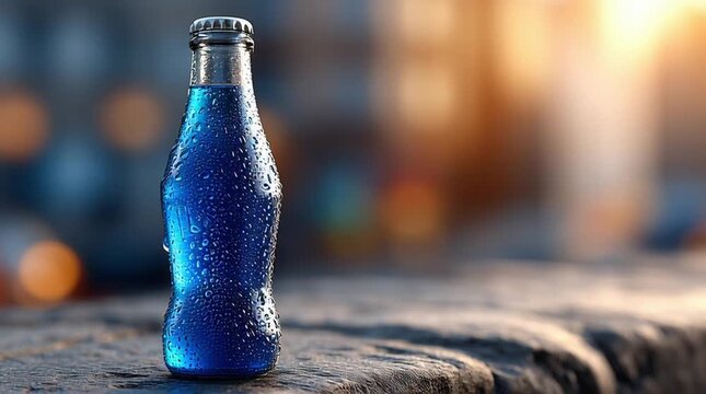 Cold blue soda bottle with condensation standing on a textured stone surface at sunset with blurred urban background