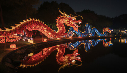 Obraz premium Chinese Lantern Festival 2026, illuminated dragon installation glowing in the park at night