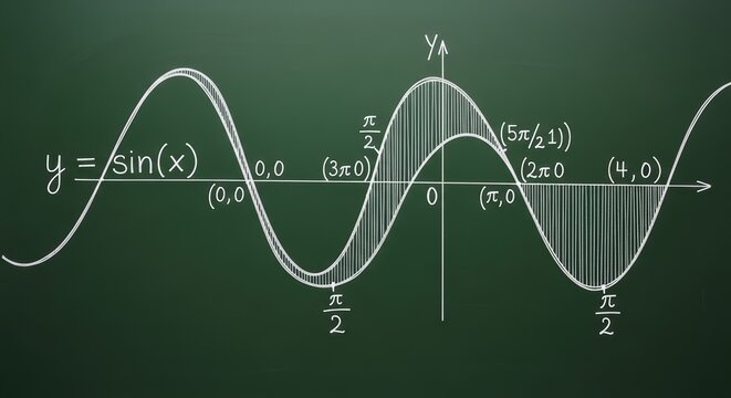 Detailed graph of sine function on chalkboard highlighting key values and waveform characteristics