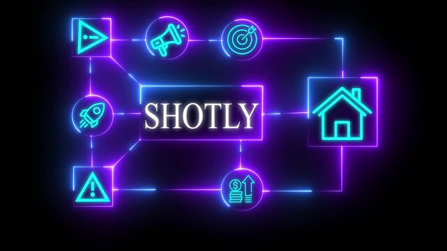 Neon Animated Business SHOTLY Diagram with Startup, Marketing and Growth Icons ,Business Concept with Icons for Growth Strategy and Teamwork 4k video .