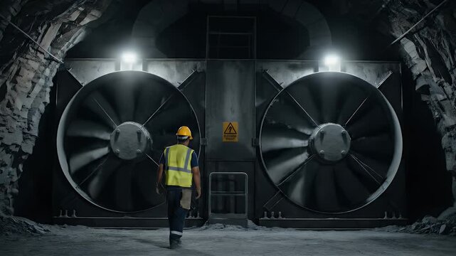 Mine Ventilation Engineer in Hardhat Walking Past Large Industrial Fans Inside Underground Mine Tunnel For Industrial