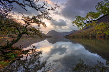 Beautiful autumn at the Buttermere lake in the Lake District National Park. England, UK