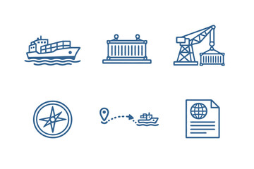 Obraz premium Set of six shipping and maritime logistics icons in line style. Editable stroke vector collection designed for UI, ports, cargo transport and global trade systems.