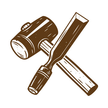 Grunge texture Vintage illustration of a sledgehammer and chisel crossed over each other on white background Vintage Style