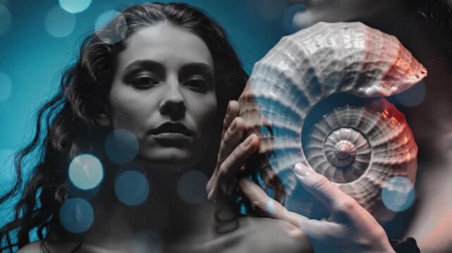 A woman holds a seashell with intricate patterns and textures, surrounded by a mystic blue atmosphere with glowing bokeh lights.