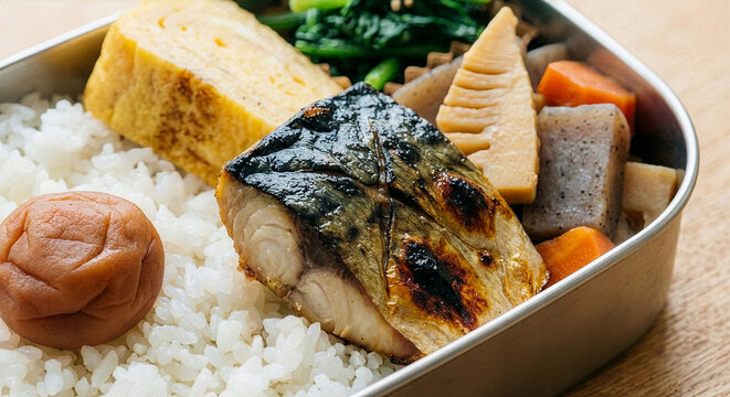 鯖の塩焼きと彩り豊かなおかずが詰まった美味しい和風弁当