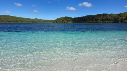 Lake McKenzie, Fraser Island, Australia - 6 January 2026. Pale sandy shallows transition into dark blue freshwater, bordered by dense woodland beneath scattered clouds.