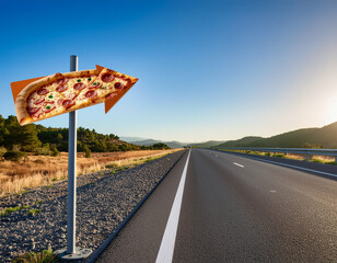 Pizza Slice Directional Road Sign Pointing Down Highway