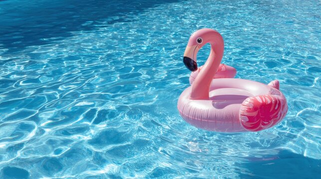 Pink flamingo floatie near shimmering pool centered perspective, glossy plastic texture, crisp water refractions, bright playful vibe, summer party prop, child friendly accessory, poolside decoration