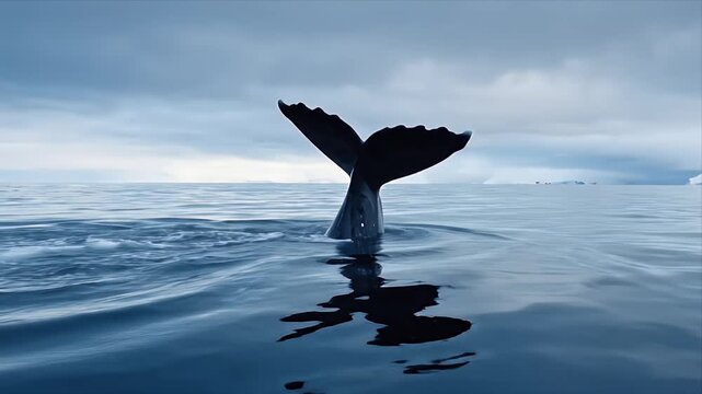 Humpback Whale Diving in Antarctica's Calm Blue Waters Beneath Moody Sky and Distant Iceberg Scenic Wildlife and Marine