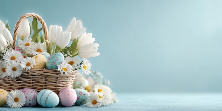 Elegant pastel egg arrangement with daisies and tulips in woven basket, minimal spring template for cards and ads
