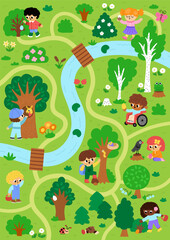 Vector Easter egg hunt background. Cute landscape map with kids, trees, bushes, insects, colored eggs, basket, nature element. Woodland scene with path, road children looking for eggs in forest