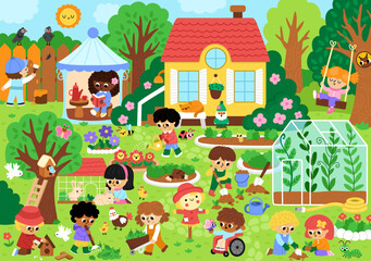 Vector garden landscape. Country house detailed scene with trees, greenhouse, flower beds, kids doing gardening work, growing plants. Cute spring nature background with children gardeners