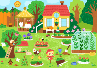 Naklejka premium Vector empty garden landscape. Country house detailed scene with trees, greenhouse, flower beds, growing plants, pergola. Cute spring nature background with birds, birdhouse, scarecrow