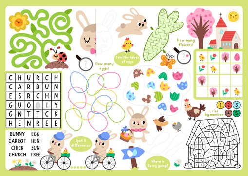 Vector Easter village placemat. Spring holiday printable activity mat with maze, crossword puzzle, shadow match, find difference. Cute play mat, menu, kids magazine spreadsheet with bunny