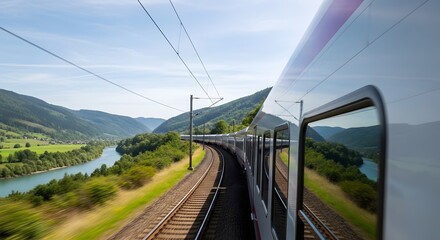 Modern white and silver train curves through green mountain landscape with blue river under sunny sky for scenic journey