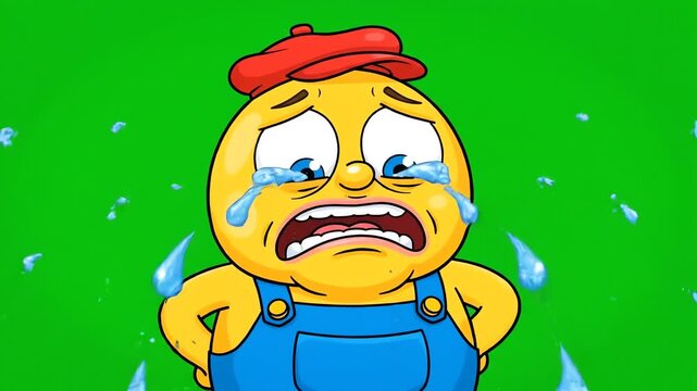 A cartoon yellow character wearing blue overalls and a red beret, crying with rain falling around on a green screen background. Perfect for memes, social media posts, and digital content.
