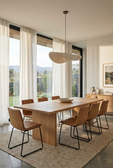 A modern dining room, featuring a wooden table and chairs, with a view of the outdoors