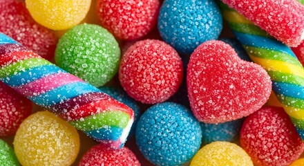 Fototapeta premium Top view of vibrant sugar coated candies in bright rainbow colors