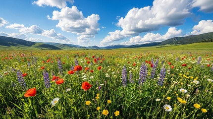 Obraz premium Spring Meadow Landscape with Wildflowers, Blue Sky and Fluffy Clouds, Bright Daylight, Natural Scenic View