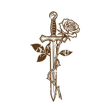 Grunge texture Brown sword and rose flower with leaves crossed together on white background Vintage Style