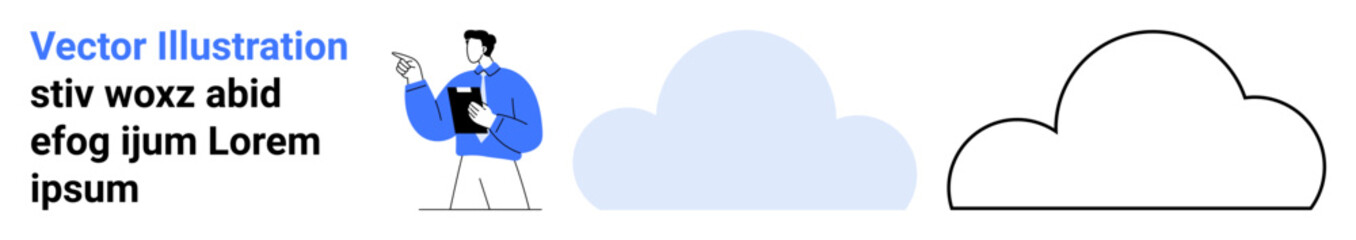 Technology, cloud computing, data management, information storage, business tools, and human interaction. A character holding a clipboard and cloud icons. Technology and cloud computing concepts © robu_s