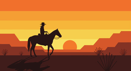 A lone rider on horseback traverses a vast western desert landscape under a radiant golden sunset sky.