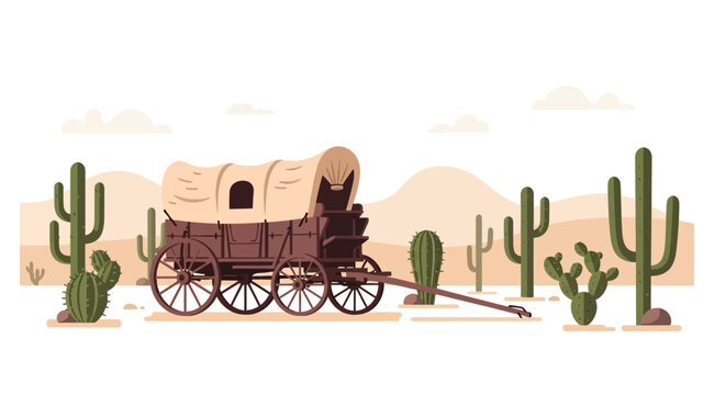 An old covered wagon stands in a vast desert landscape, surrounded by various tall and short cacti under a cloudy sky.