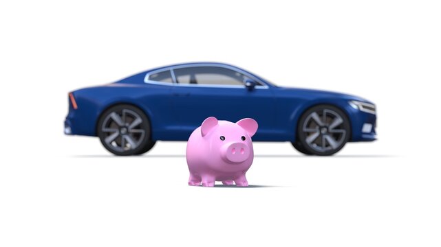 une voiture g&eacute;n&eacute;rique &agrave; c&ocirc;t&eacute; d'une tirelire cochon, concept d'&eacute;conomie sur le v&eacute;hicule ou son assurance - rendu 3D sur fond blanc