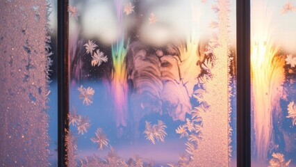 Naklejka premium Frosted Window Pane: An intricate frost pattern adorns a window pane, showcasing a serene, winter scene and soft light, reminiscent of delicate ice crystals.