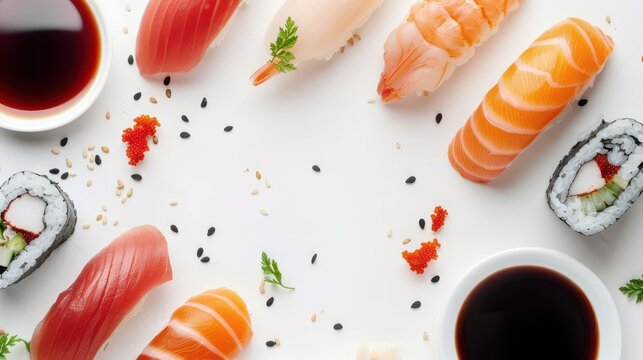 Assortment of fresh sushi, maki, and california rolls arranged on a white background