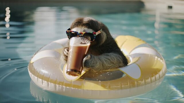 Sloth enjoys drink while floating in pool on sunny day at a tropical location
