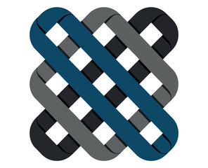 A stylized woven pattern of interconnected loops in shades of blue, gray, and black on a white background