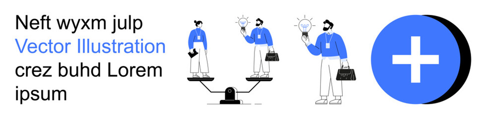 Obraz premium Business strategy, idea evaluation, balance, leadership, innovation, teamwork. Businesspeople on scales with lightbulbs and a plus symbol. Business strategy and idea evaluation concept