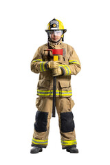 Fototapeta premium Portrait of firefighter in fireproof clothe holding axe in studio shot isolated cut out on white background for fire extinguish risk rescue mission and accident management