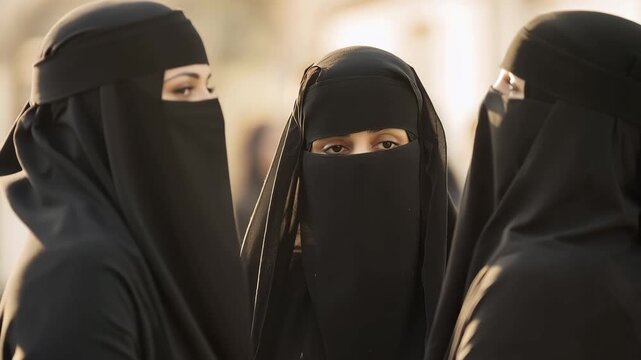 Three women in black face veils and modest clothing talking outdoors, traditional female attire, cultural clothing, social interaction, covered faces, elegant black fabric, community, portrait