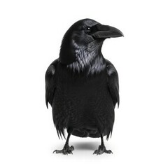 Obraz premium Majestic Raven Portrait: A solitary raven, its ebony plumage gleaming, stands with an air of watchful curiosity. The image is captured with a stark and elegant simplicity. 